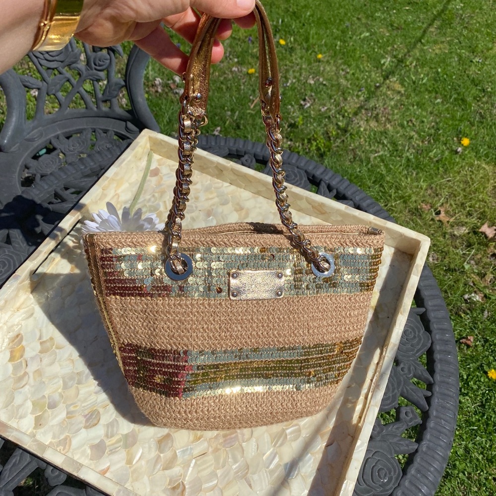 Kate Spade gold sequin & natural small shoulder bag with gold leather